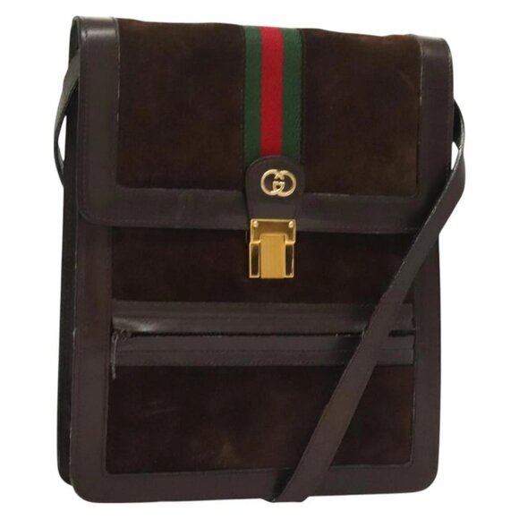 GUCCI GG Canvas Web Sherry Line Bag Suede Leather Dark Brown gold Auth - Picture 2 of 16